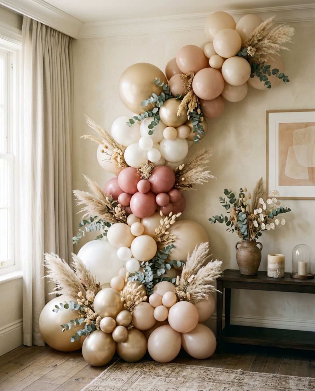 Champagne and blush balloon garland with pampas grass