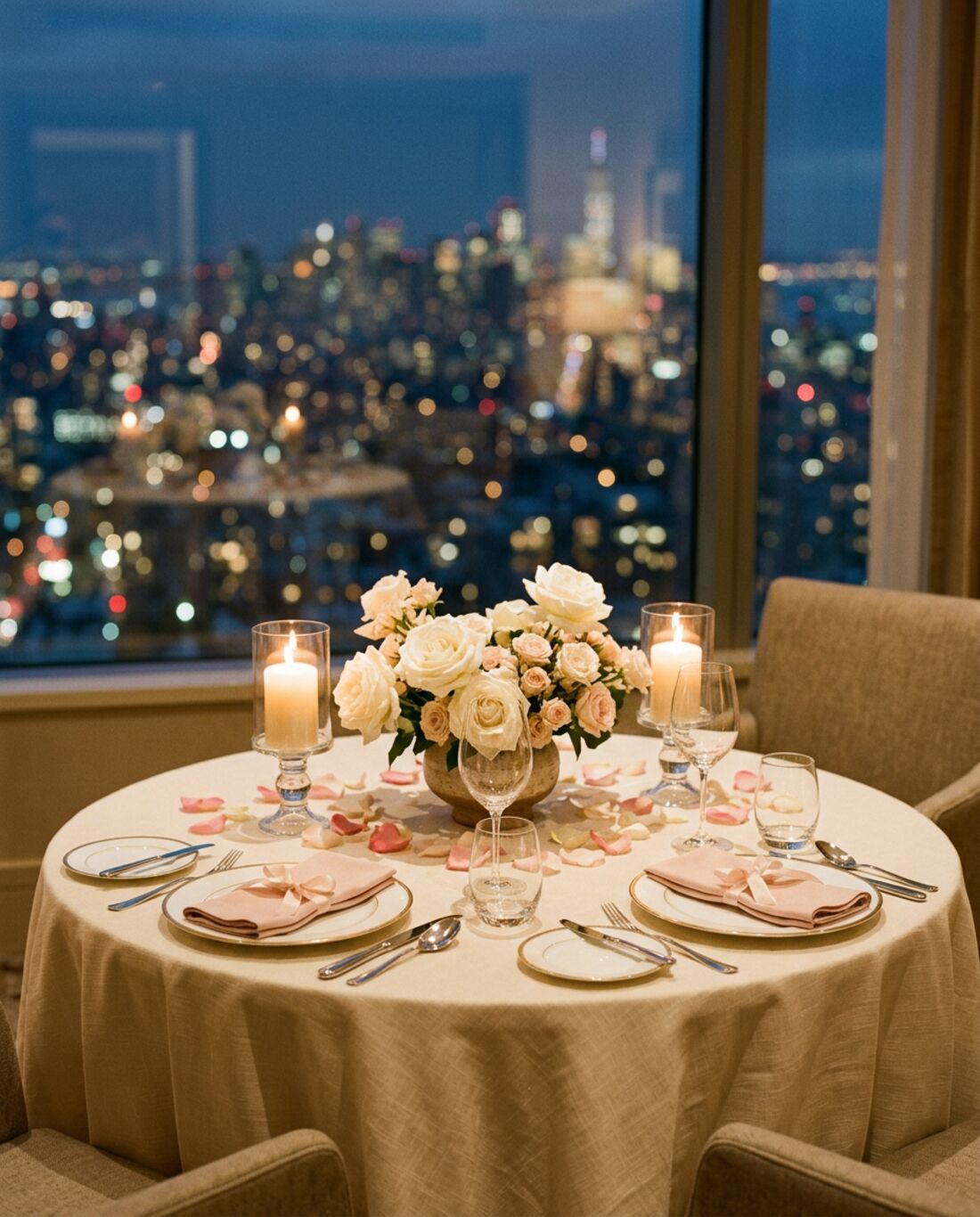 Candlelit table for two with white roses